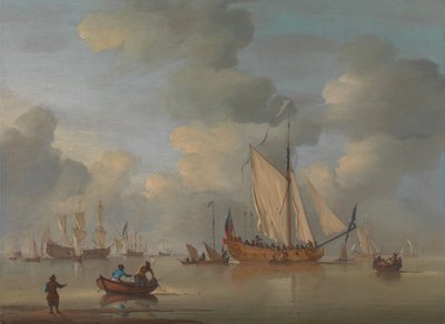 Een Engelse koninklijke jacht voor anker in een kalme zee door Peter Monamy